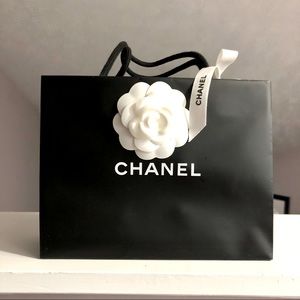 CHANEL BLACK PAPER BAG w/CAMELLIA FLOWER